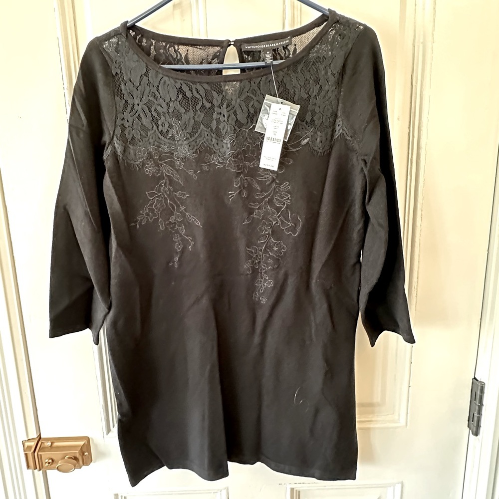 NWT White House Black Market, Sweater Tunic with Lace, Black, Size M